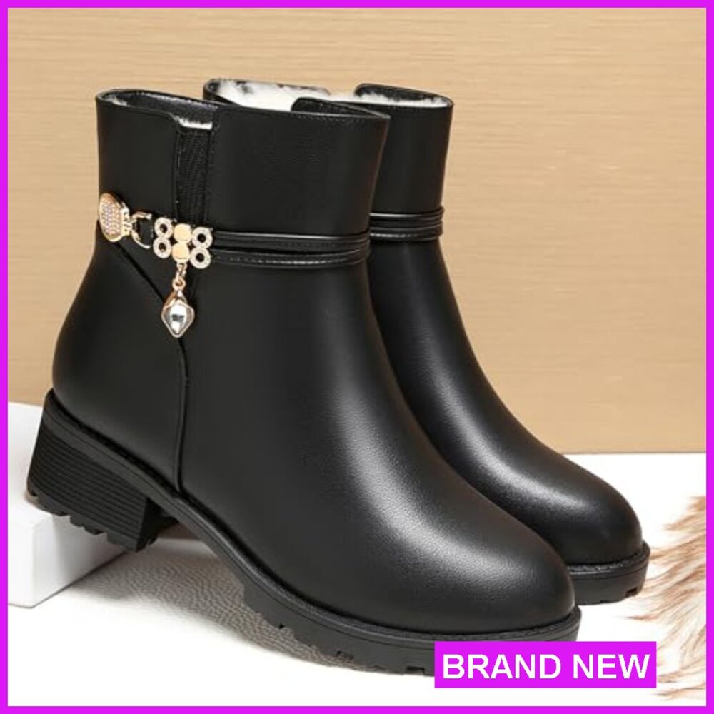 Leather Platform Booties Rhinestone Embellished F… - image 3